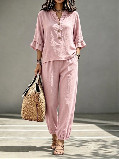 Three-quarter-sleeve Top And Cropped Pants Two-piece Set