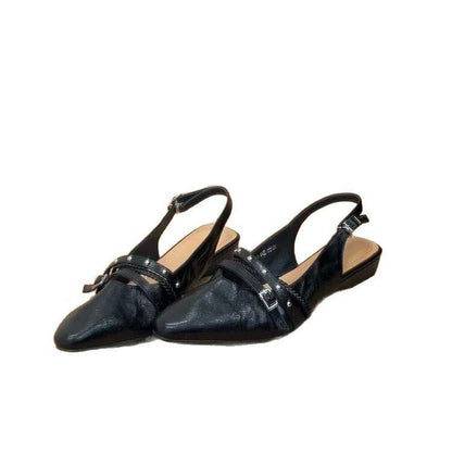 Women Retro Punk Rivet Studded Double Strap Slingback Flats, Pointed Toe Wrinkled Distressed Leather Cutout Metal Buckle Backless Slip On Casual Daily Mule Sandals