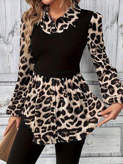 Leopard Collared Neck Balloon Sleeve Blouse for Women