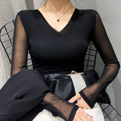 Slimming V-neck Solid-color Mesh Base Top
