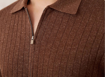 Linen Blend Lapel Zipper Sunken Stripe Short Sleeve