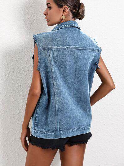 Pocketed Collared Neck Sleeveless Denim Top for Women