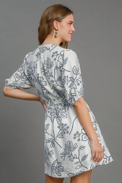 Umgee Full Size Floral Print Notched Puff Sleeve Mini Dress Plus Size