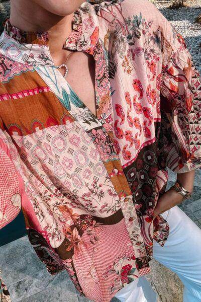 Patchwork Printed Notched Flounce Sleeve Shirt for Women