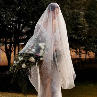 French Style Vintage Pearl Bridal Hair Accessory - Wedding Tulle Veil Headpiece for Brides