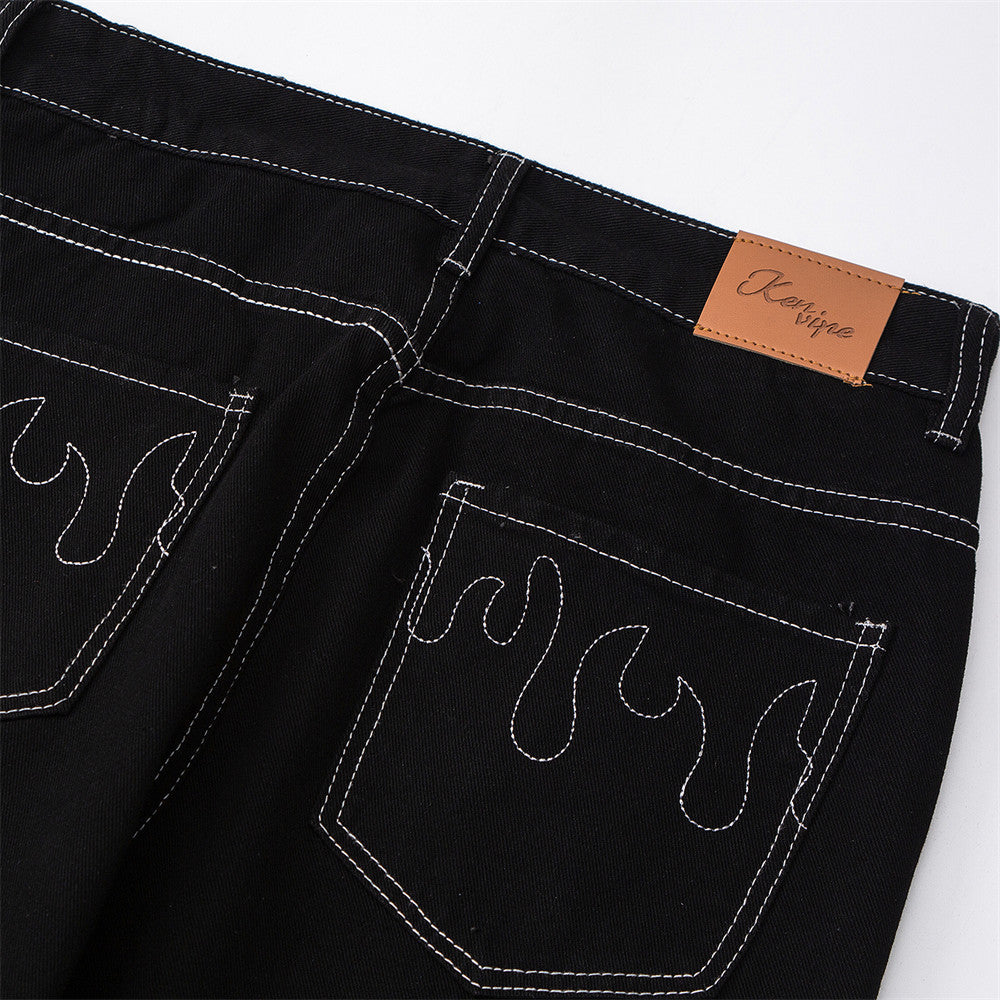 Flame Embroidery Casual Jeans Men