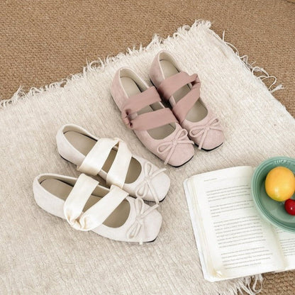 Women Fairy Sweet Double Wide Satin Crisscross Strap Mini Bow Ballet Flats