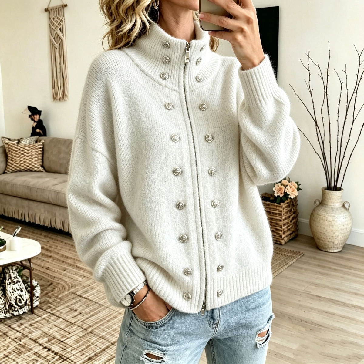 Women's Sweater Coat With Metal Buttons And Double Zippers