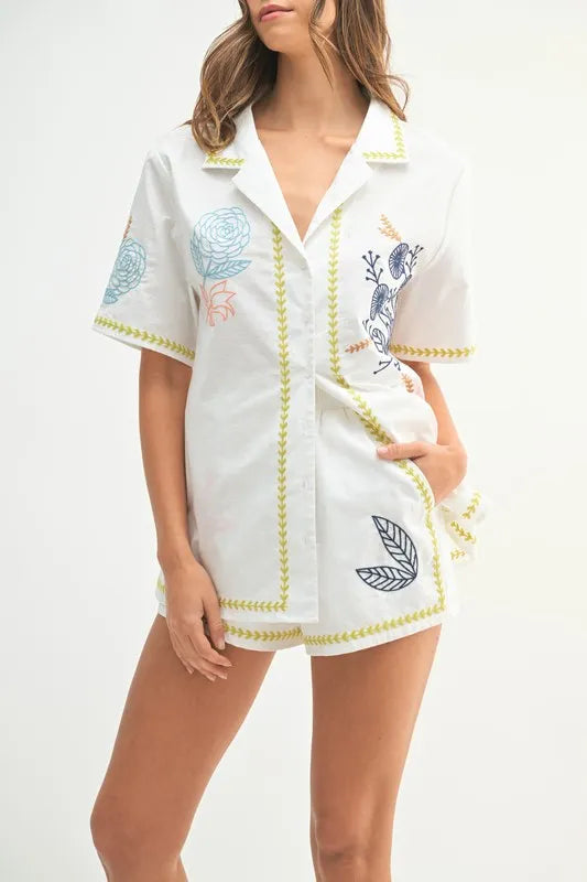 MABLE Embroidered Button Down Shirt and Shorts Set