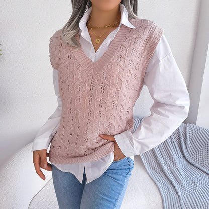 Hollow-out Wave-patterned V-neck Knitted Vest Sweater