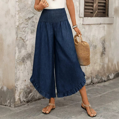 Solid-color Loose-fit, Ruched Elastic-waist Cropped Wide-leg Pants