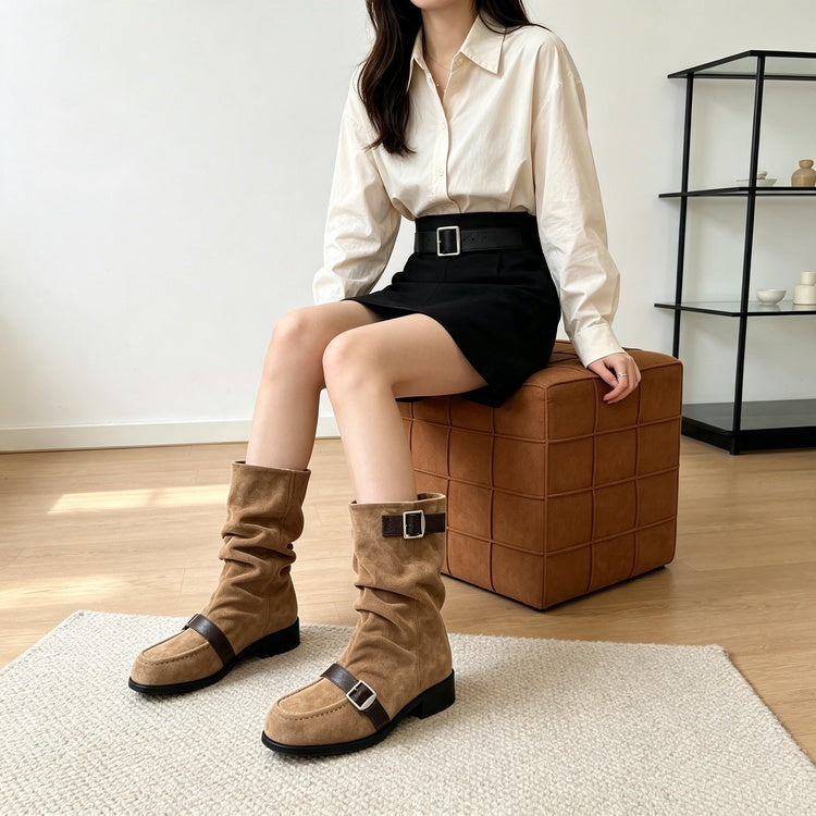 Women's Koreanstyle Belt Buckle Slouch Boots, Widecalf Squaretoe Blockheel Midcalf Riding Boots