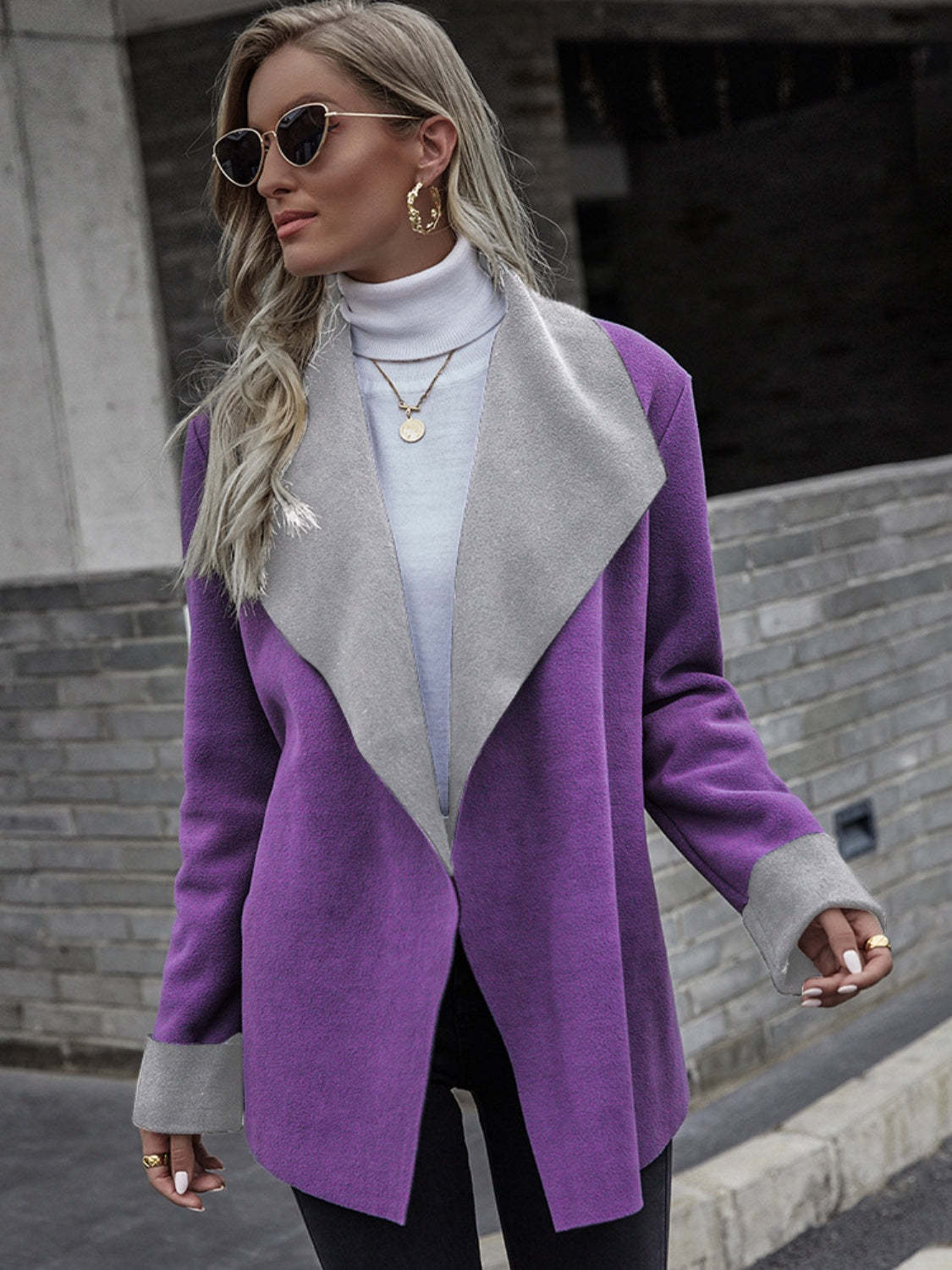 Notch-lapel Contrast-color Long-sleeve Wool Blazer