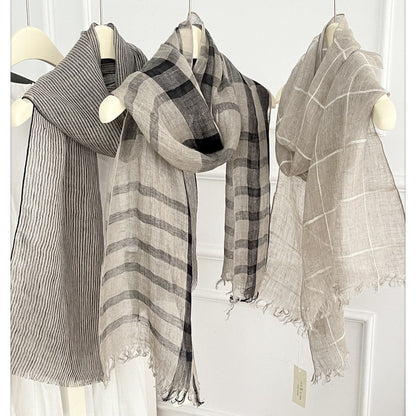 Womens Linen Striped Long Scarf Shawl