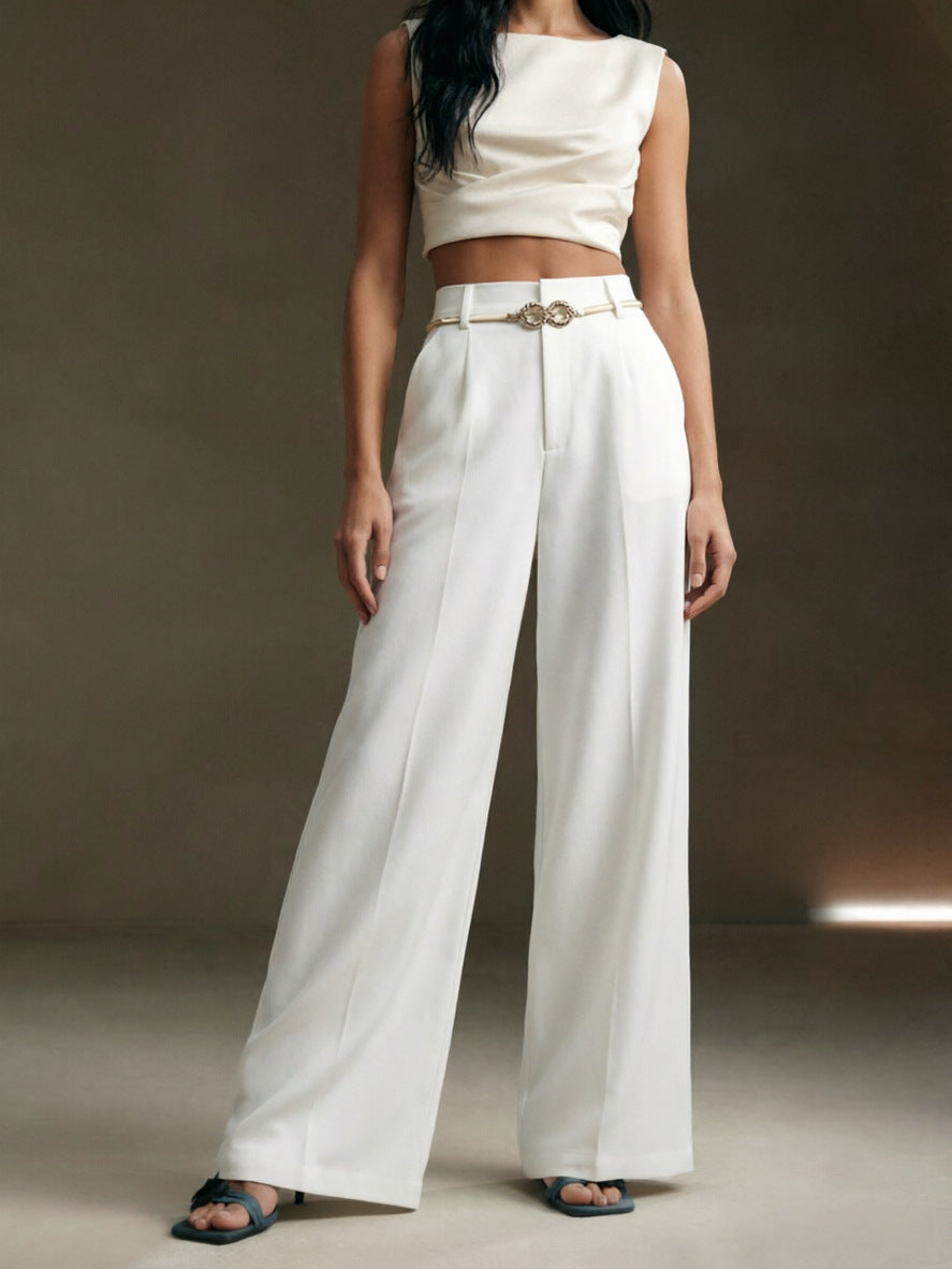 Solid-color High-waisted Draping Wide-leg Straight Pants