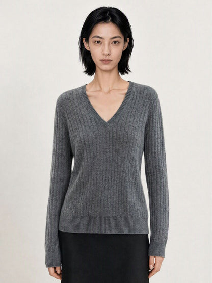 Ribbed V-Neck Ultrafine Merino Wool & Cashmere-Silk Blend Knit Sweater