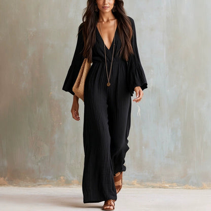 Bohemian-style V-neck Loose-fit Wide-leg Jumpsuit