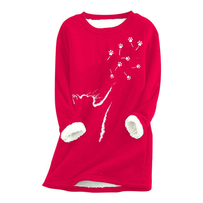 Womens Cat-Paw Print Fluffy Crew-Neck Sweatshirt