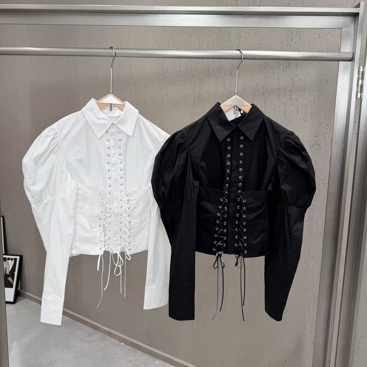 Puff Sleeve Corset Lace-Up Cropped Shirt