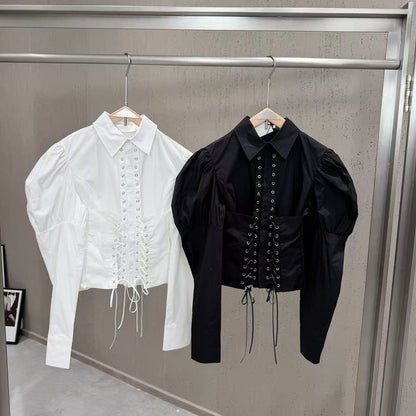 Puff Sleeve Corset Lace-Up Cropped Shirt