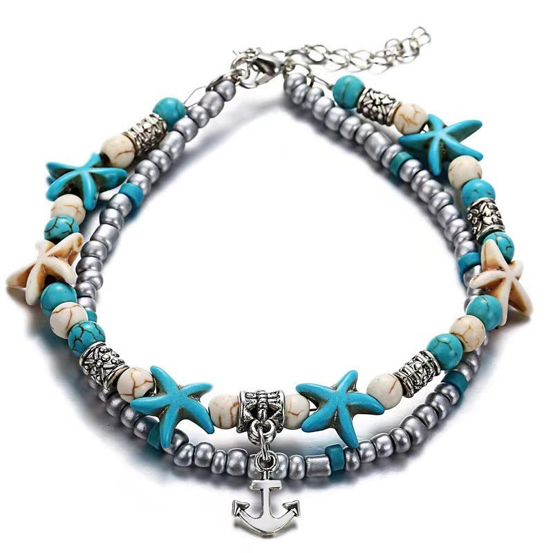 Retro Rice Grain Pearl Turtle Scallop Alloy Pendant Anklet