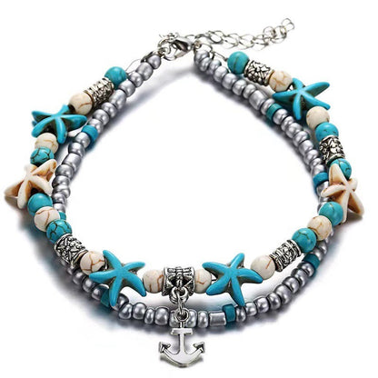 Retro Rice Grain Pearl Turtle Scallop Alloy Pendant Anklet