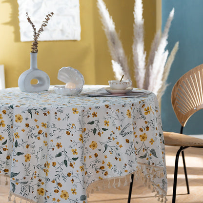 Pure Cotton Literary Nordic Japanese Tassel Tablecloth Printing Cover Towel Broken Flower Rectangular Tablecloth