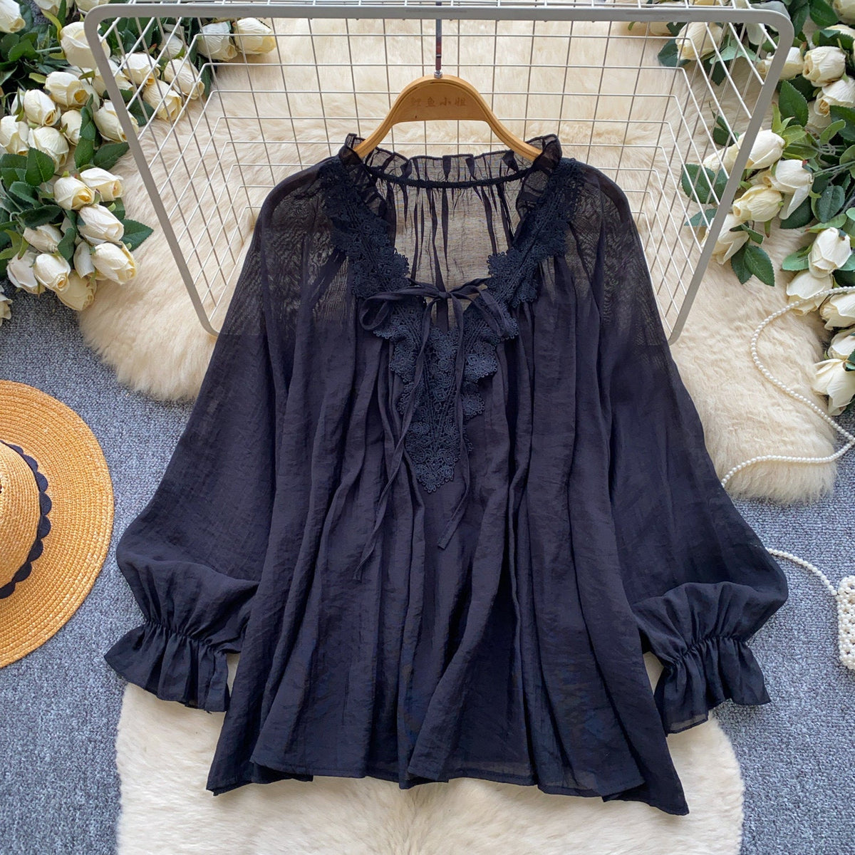 Womens Solid-Color Silk-Panel V-Neck Lace-Up Shirt