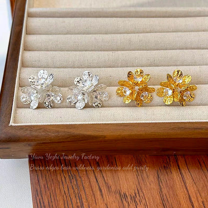 Flower-Like Three-Dimensional Flower Earrings, Multi-Layered Zircon Petal Earrings, Retro Metal Texture Garland Earrings