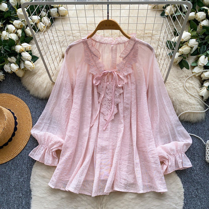 Womens Solid-Color Silk-Panel V-Neck Lace-Up Shirt