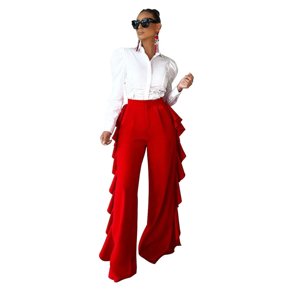 Ruffle Trimmed High-waisted Wide-leg Pants