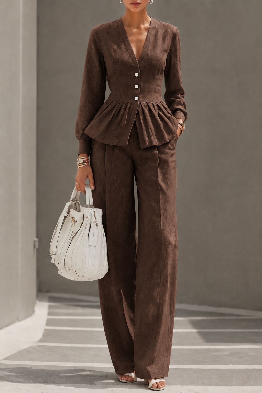 Long-sleeve V-neck Top And Wide-leg Pants Two-piece Set