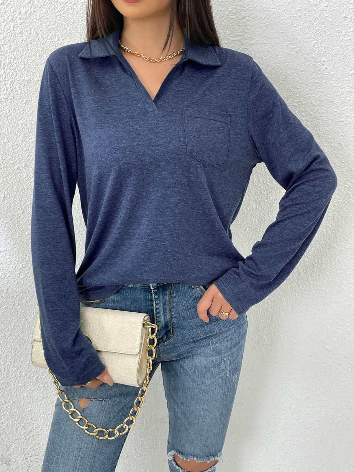 Long-sleeved Simple Solid-color Lapel Collar