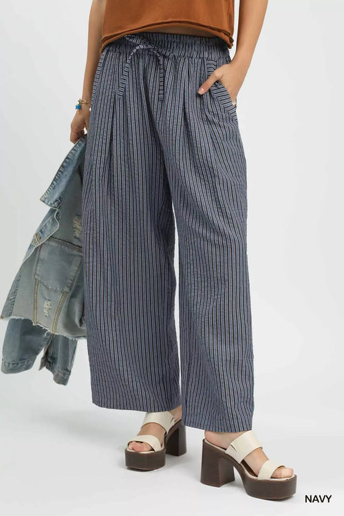Umgee Drawstring Striped Wide-Leg Pants