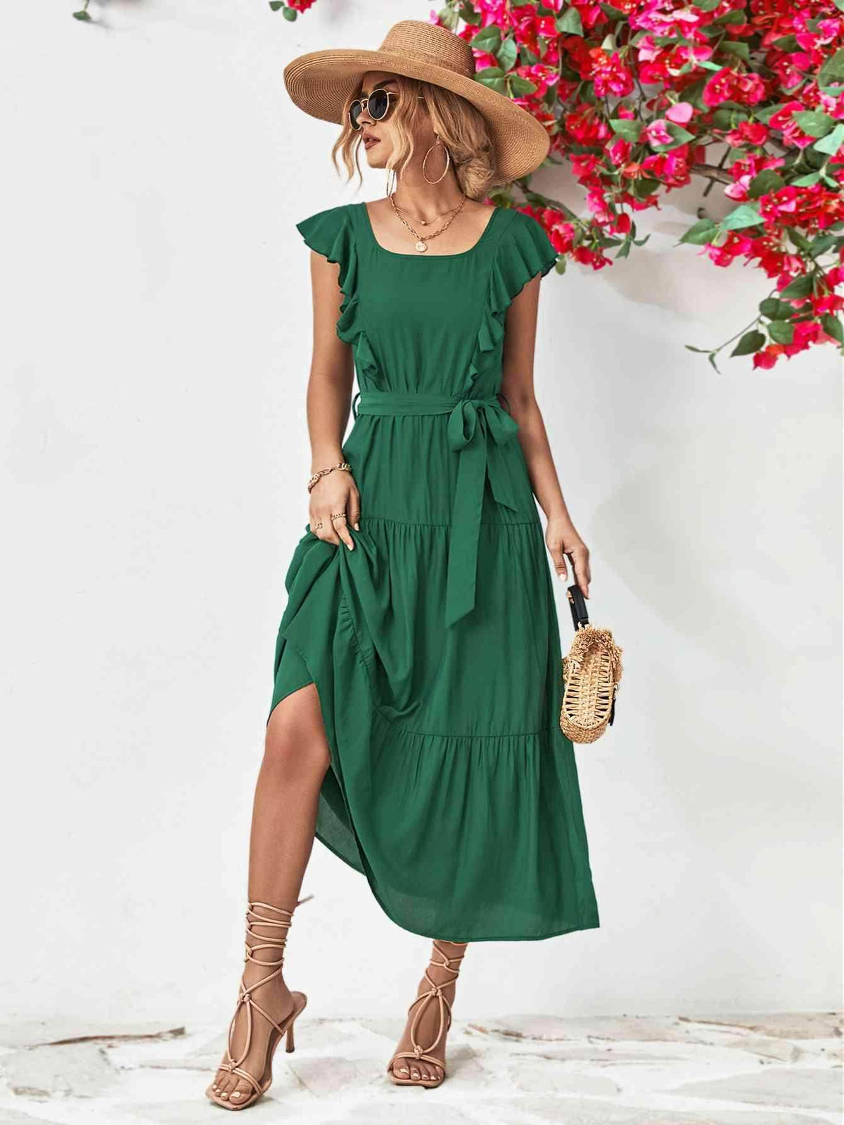 Tie Belt Ruffled Tiered Dress for Chic Midi Style