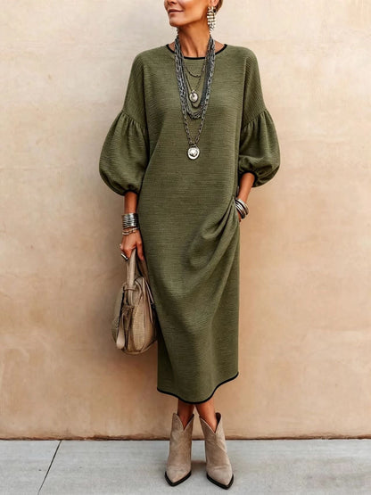 Womens Knitted Mid-Length Dress With Bubble Sleeves