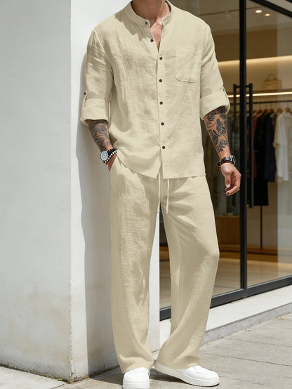 Mens Solid-Color Linen Long-Sleeve Shirt And Pants Two-Piece Set