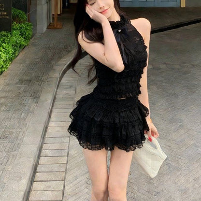 Bow-tie Off-shoulder Sleeveless Lace-panel Skirt Two-piece Set