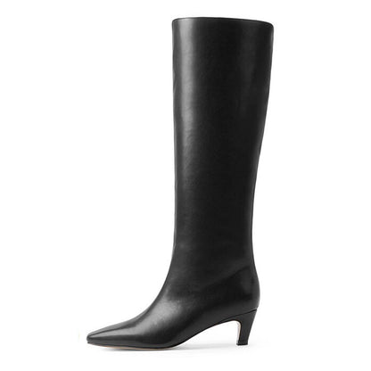 French Minimalist-style Square-toe Kitten-heel Over-the-knee Straight-leg Leather Booties