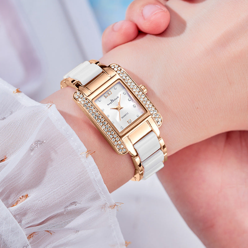 New Womens High End Quartz Square Watch With Ceramic Look And Diamond Accents