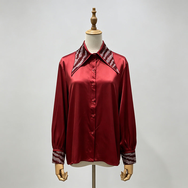 Rhinestone Collar & Cuff Button-Up Satin Shirt