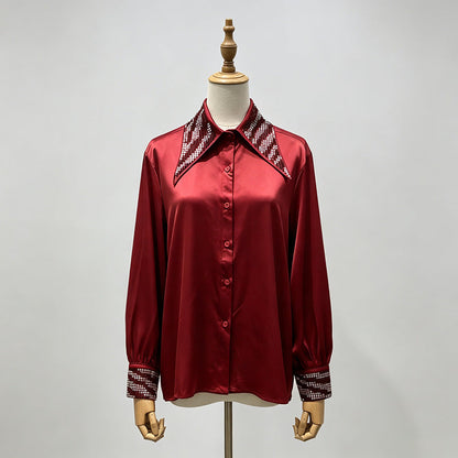 Rhinestone Collar & Cuff Button-Up Satin Shirt