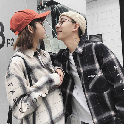 Lazy Style Ins Plaid Shirt Couple Wear Autumn Inch