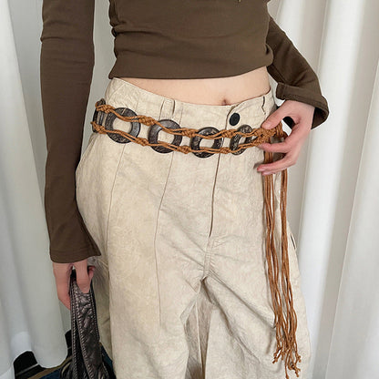 Retro Ethnic Style Hand-woven Ring Waist Strap Women