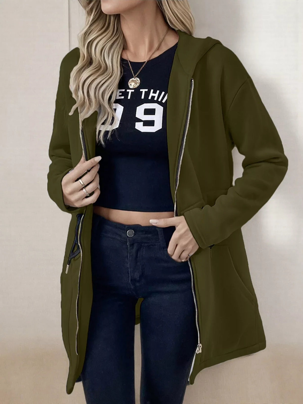 Drawstring Zip Up Hooded Outerwear