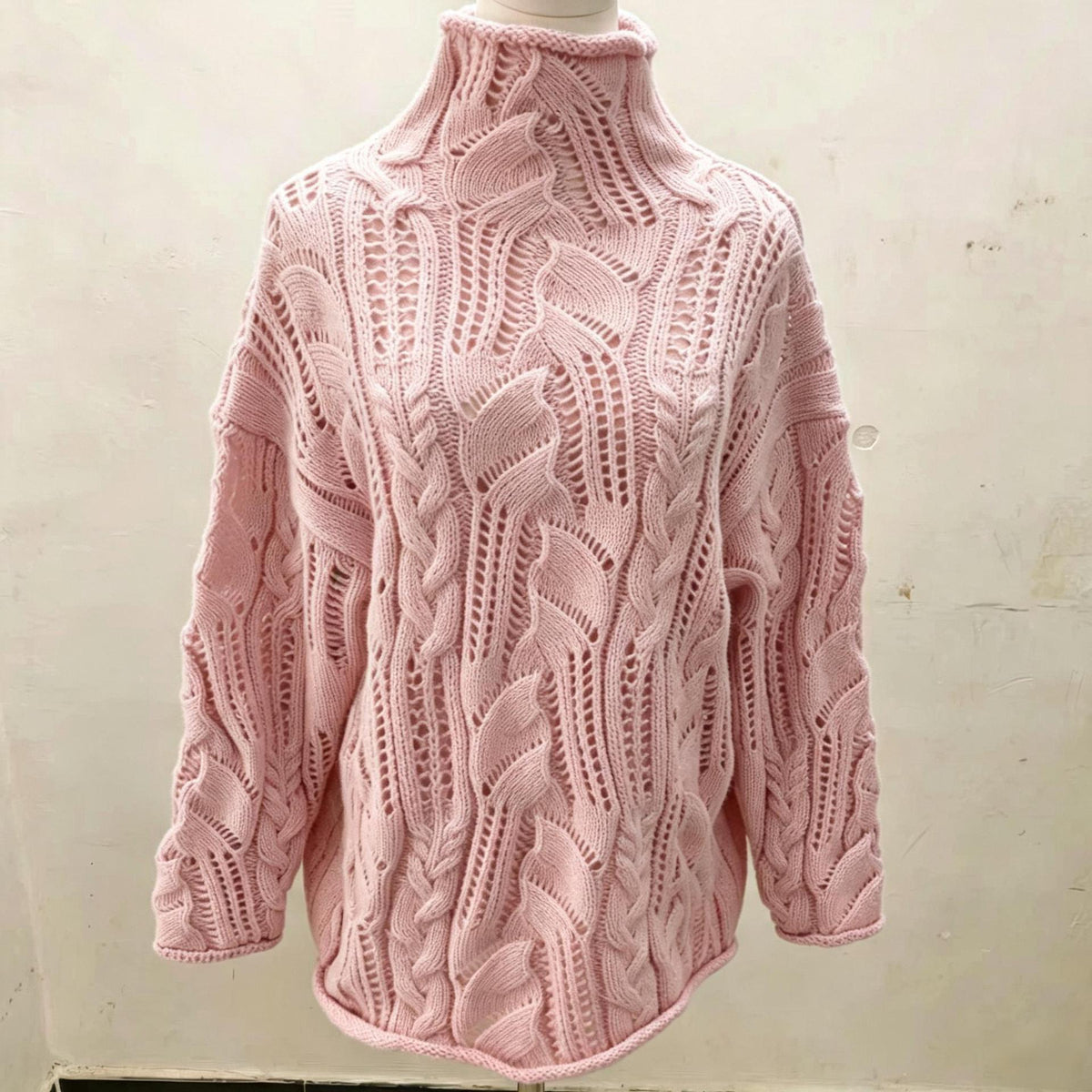 Women's Turtleneck Hollow Cable Knit Sweater, 2026 Fall Winter Loose Long Sleeve Pullover, Solid Color Knit Base Top