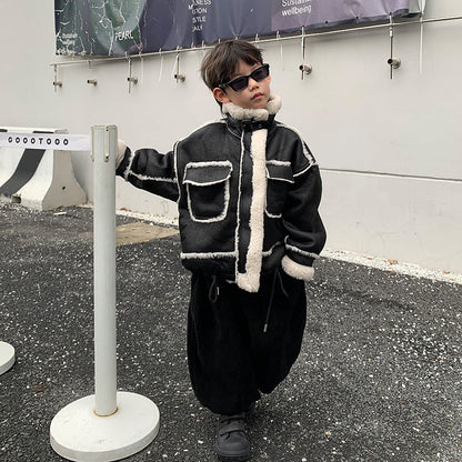 Boy's Leather Jacket Fleece Padded Coat Autumn And Winter Clothing