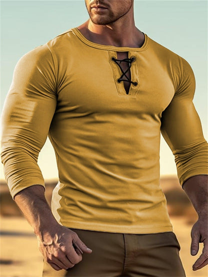 Mens Round-neck Solid-color Long-sleeve Top With Buttons