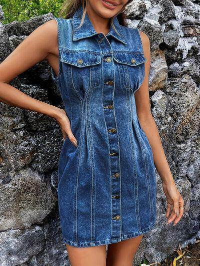 Pocketed Button Up Sleeveless Denim Dress for Women