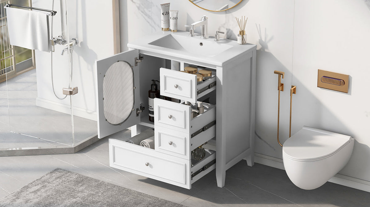 30" Bathroom Vanity with Sink, Bathroom Vanity Cabinet with Three Drawers and Door, Solid Wood and MDF, White